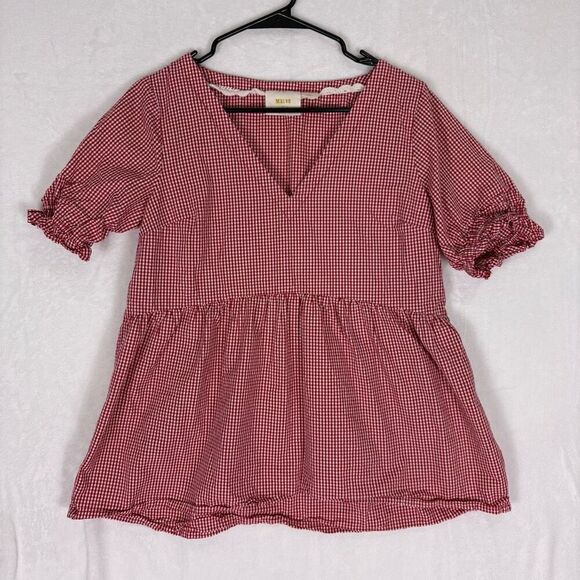 Anthropologie Tops - Maeve by Anthropologie Red & White Gingham V Neck Short Sleeve Blouse Top Small